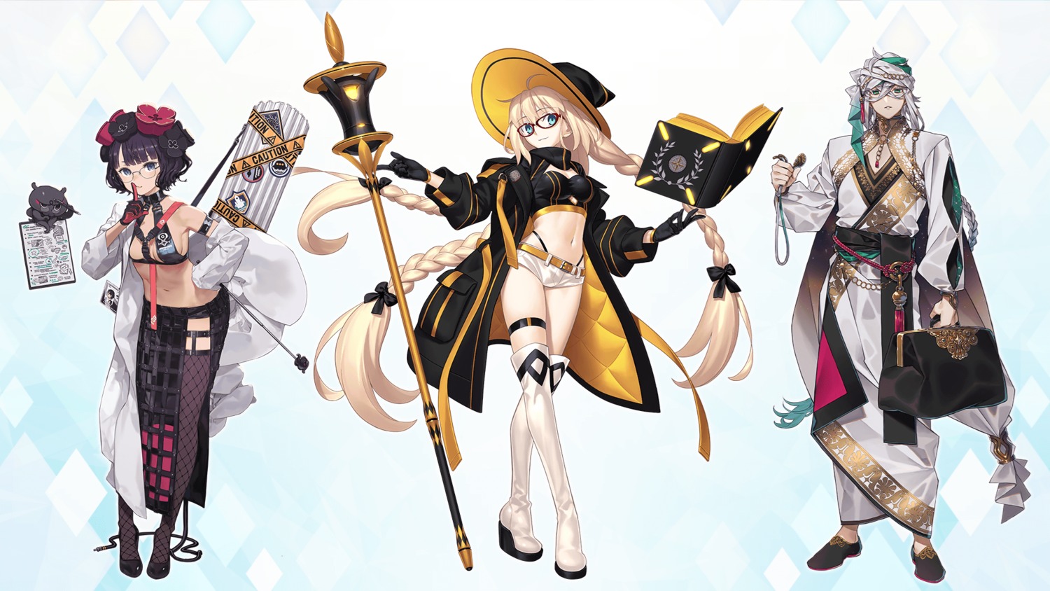 asclepius_(fate/grand_order), fate/grand_order, fishnets, garter, katsushika_hokusai_(fate), megane, morgan_le_fay_(fate), no_bra, stockings, takeuchi_takashi, thighhighs, wallpaper, weapon
