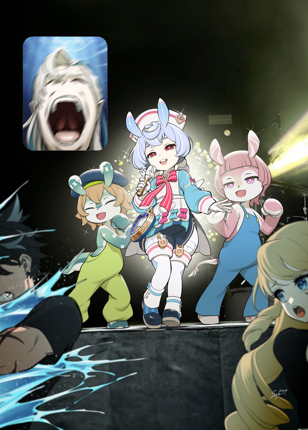 animal_ears, genshin_impact, navia, neuvillette, overalls, seanji_sariel, sigewinne, tail