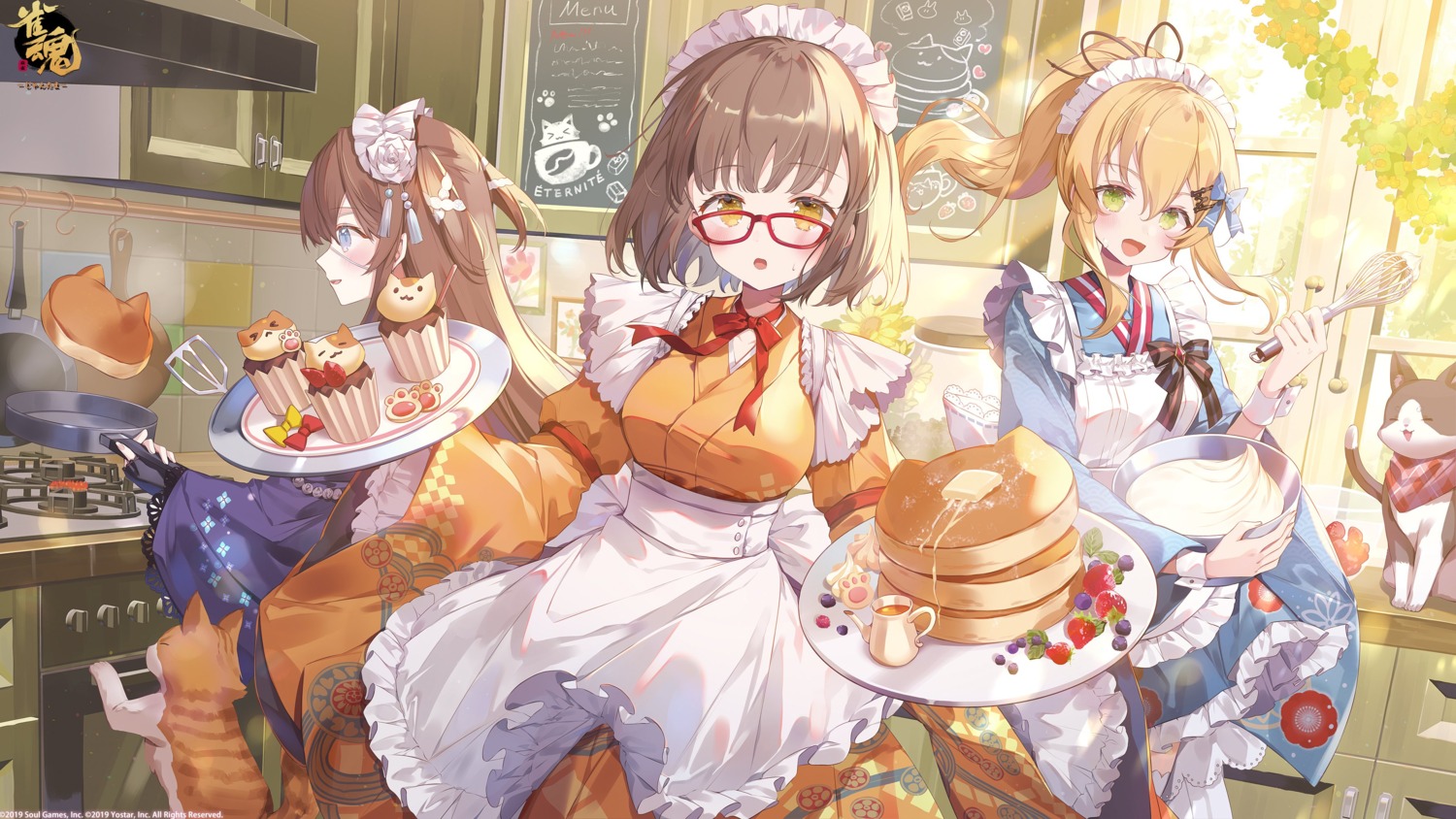 cream, eyepatch, maid, majsoul, megane, neko, nimoshi, ninomiya_hana, shinomiya_fuyumi, shiraishi_nana_(majsoul), skirt_lift, thighhighs, wa_maid, waitress