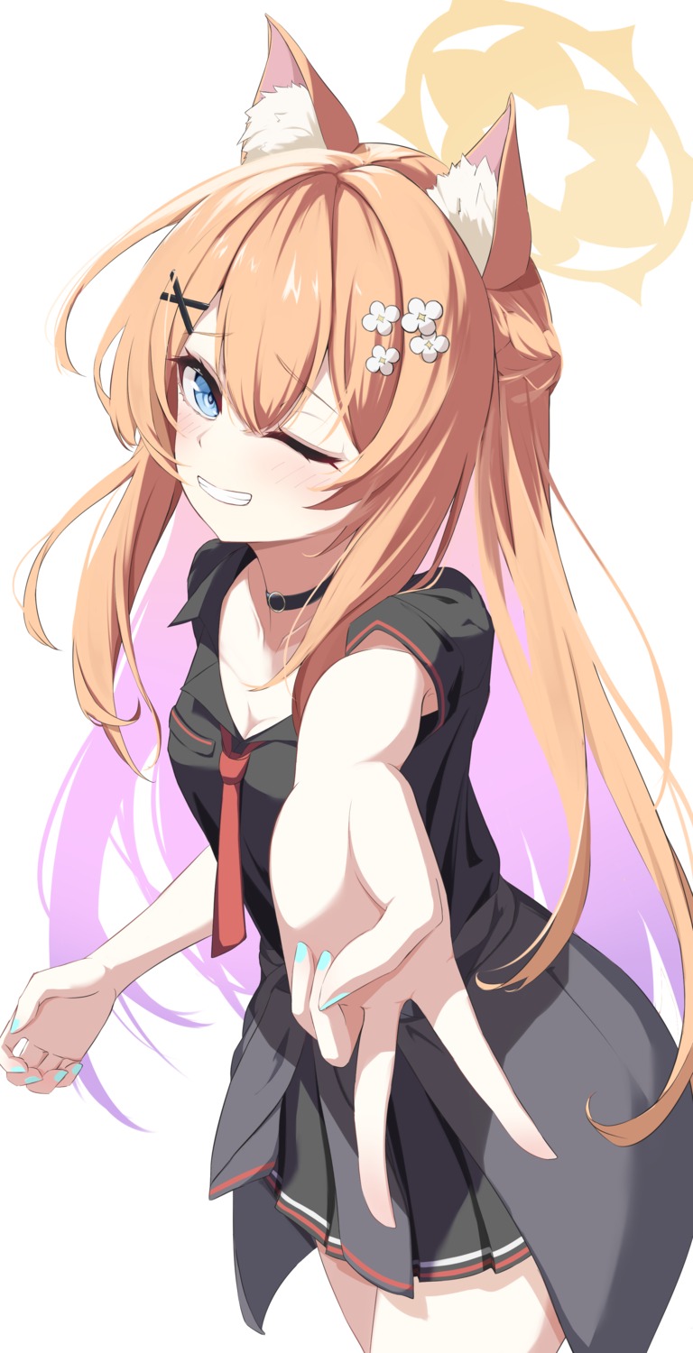 animal_ears, blue_archive, cleavage, halo, iochi_mari, nekomimi, obanana_(ahap7438), seifuku