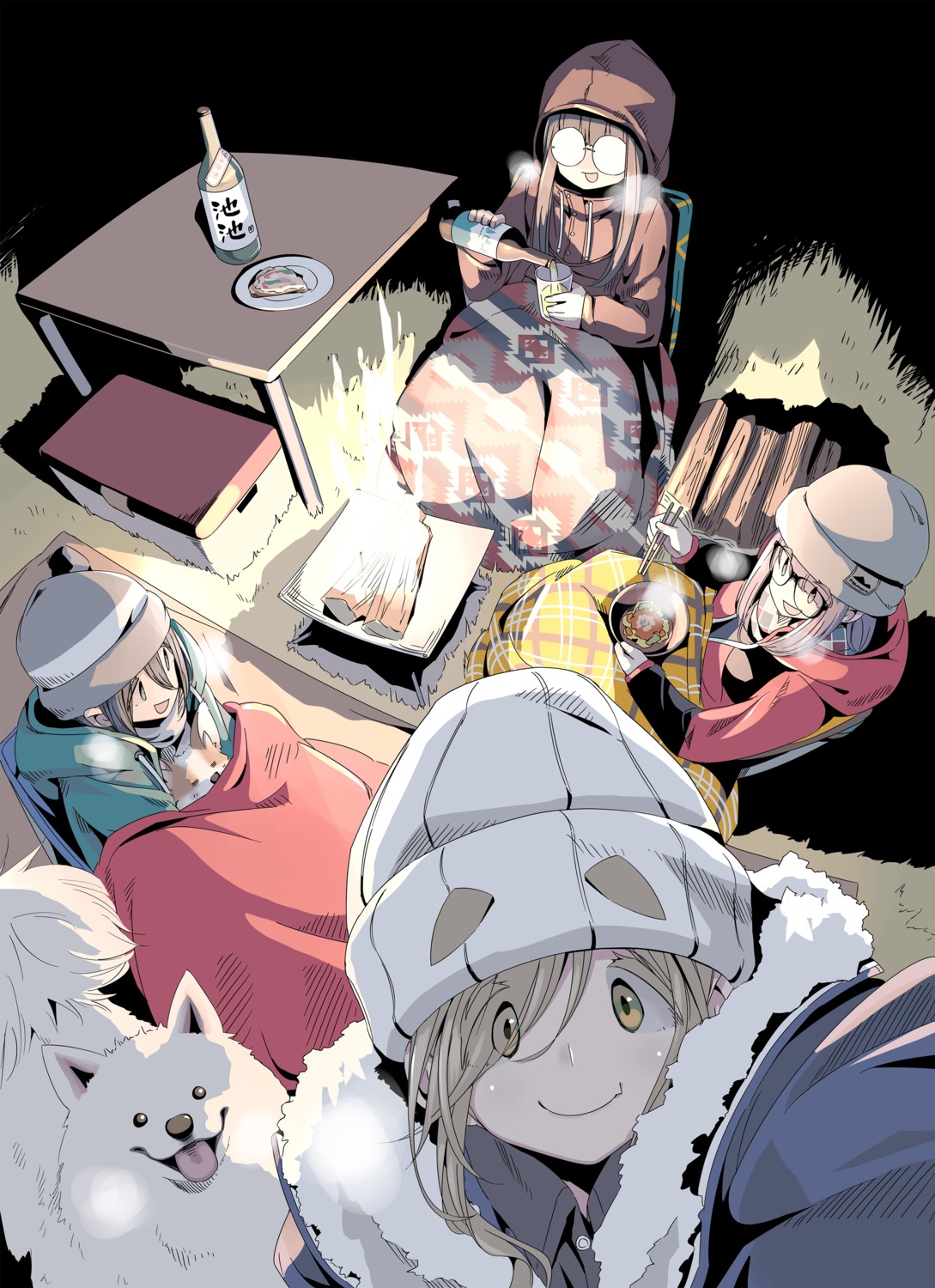 afro, inuyama_aoi, megane, oogaki_chiaki, saitou_ena, sake, selfie, toba_minami