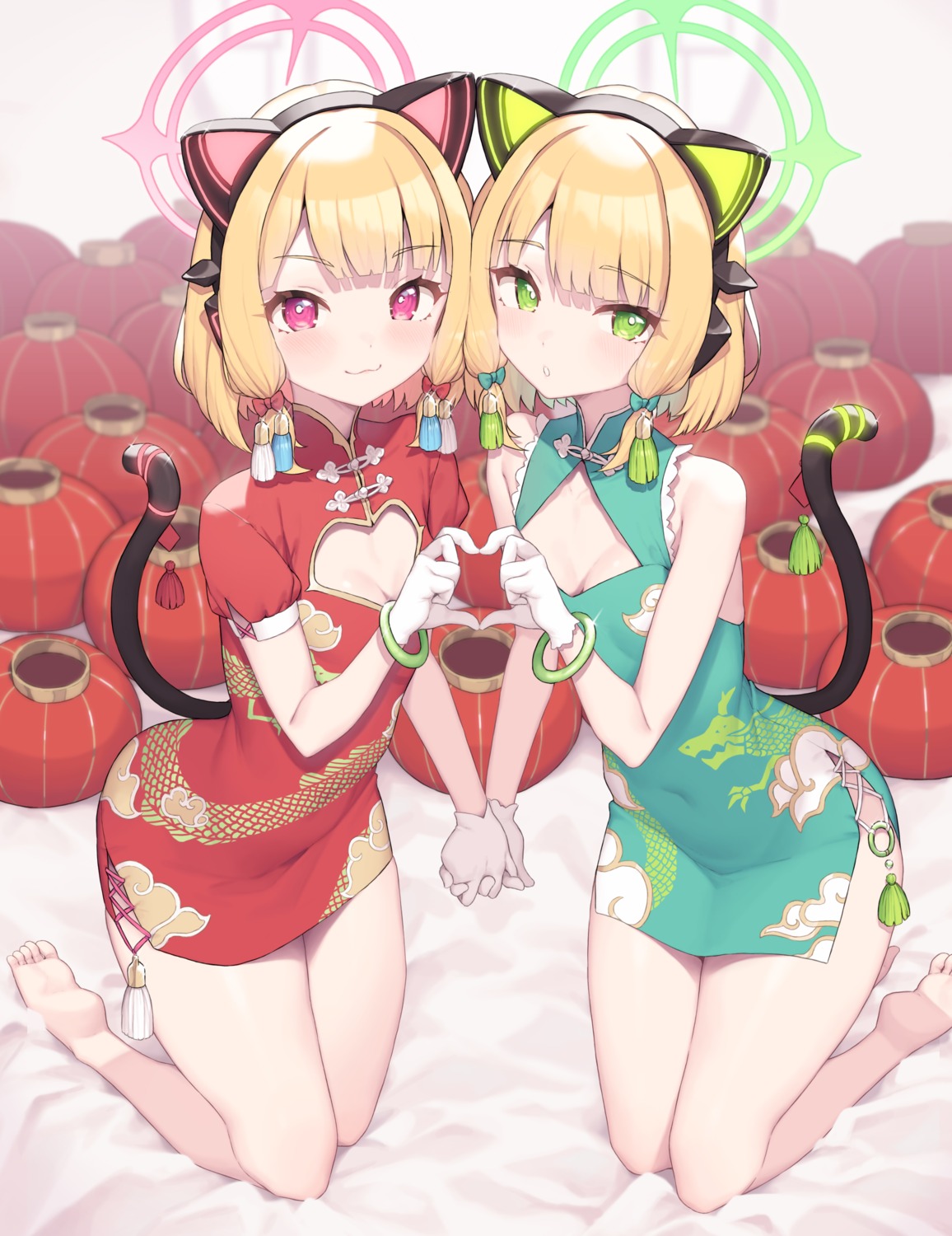 animal_ears, blue_archive, chinadress, cleavage, cloba, halo, headphones, nekomimi, saiba_midori, saiba_momoi, tail