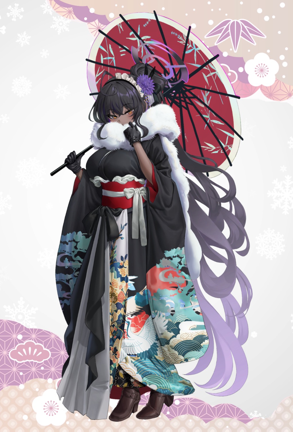 b-pang, blue_archive, halo, heels, kakudate_karin, kimono, umbrella