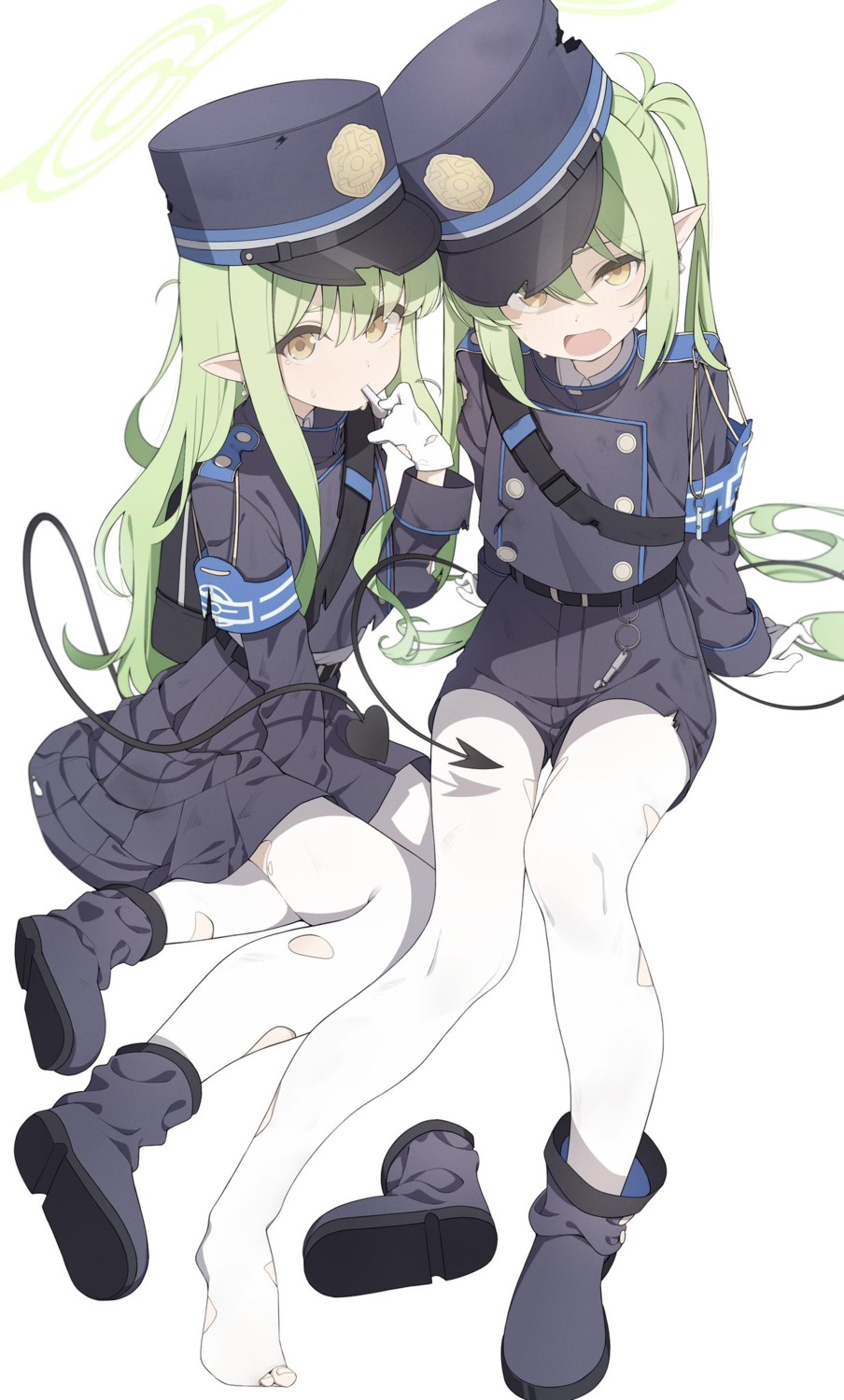blue_archive, halo, pantyhose, pointy_ears, shiwa_(siwaa0419), tachibana_hikari, tachibana_nozomi, tail