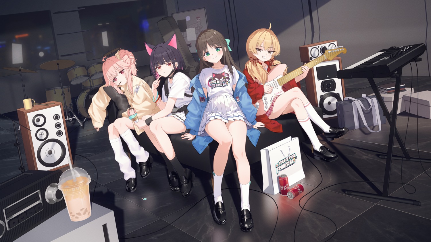 animal_ears, blue_archive, guitar, ibaragi_yoshimi, kurimura_airi, kyouyama_kazusa, mao_shi_shisan, nekomimi