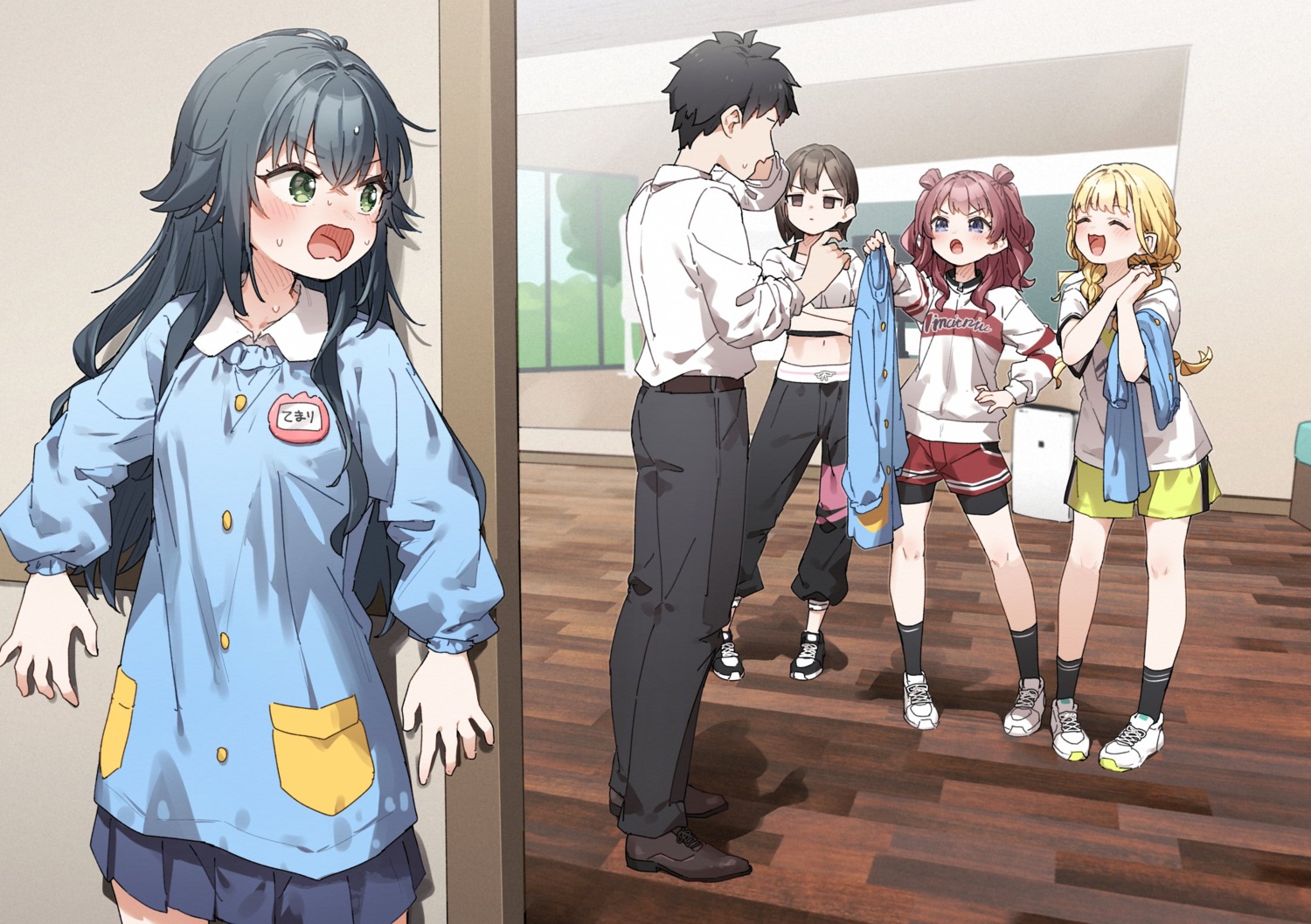 bike_shorts, fujita_kotone, gakuen_idolm@ster, hanami_saki, kusaka_shi, producer, seifuku, the_idolm@ster, tsukimura_temari