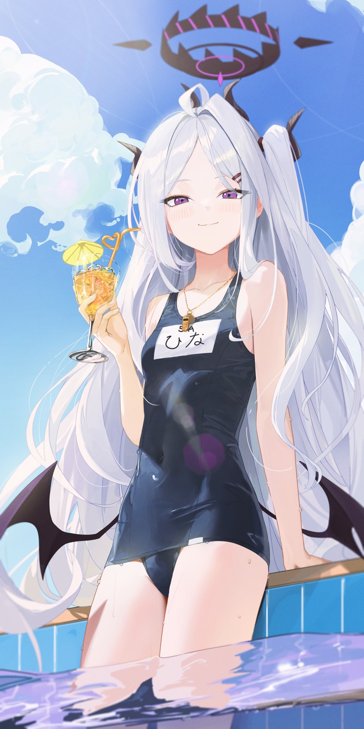 blue_archive, devil, fieryonion, halo, horns, school_swimsuit, sorasaki_hina, swimsuits, wet, wings