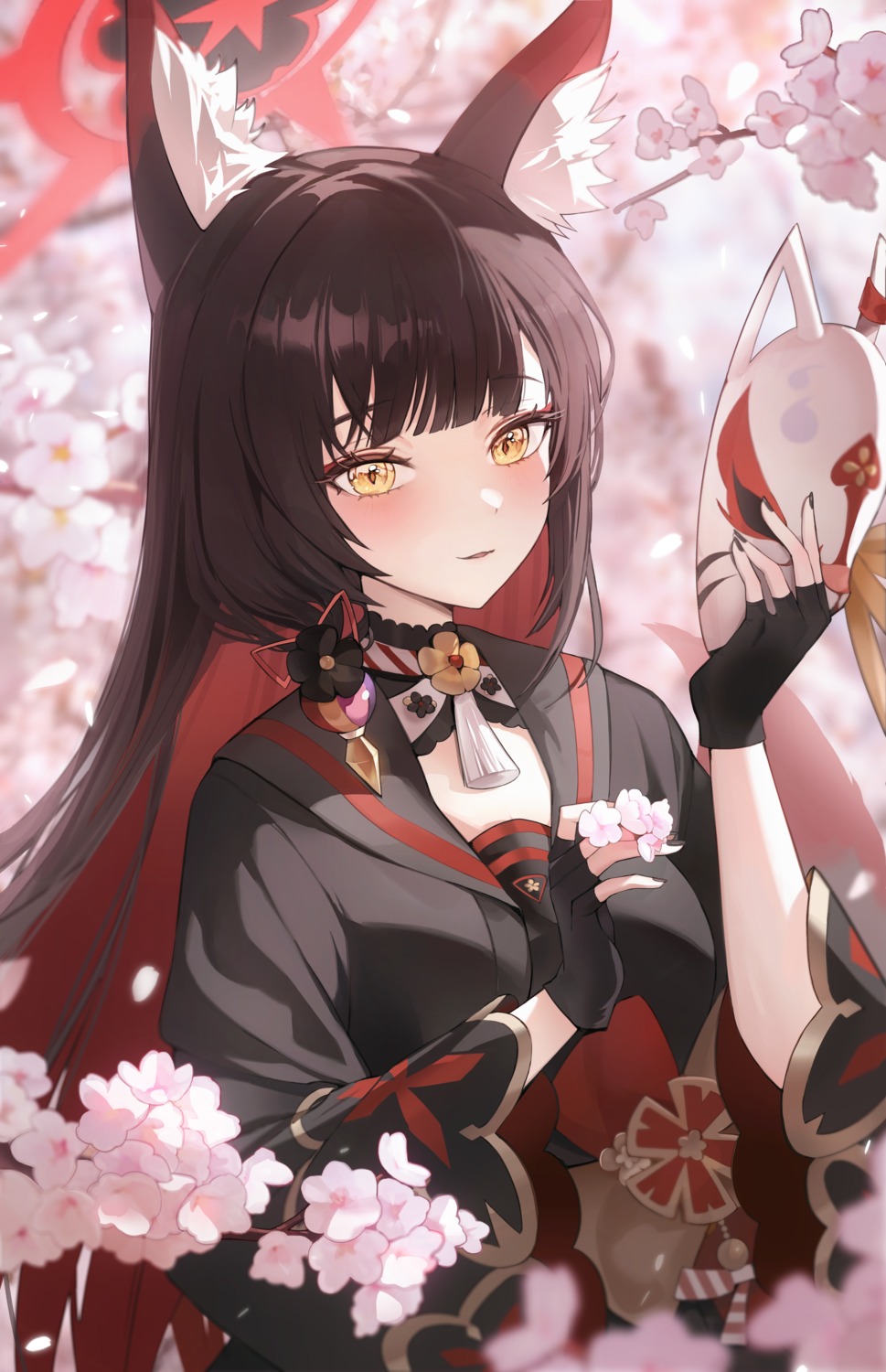 animal_ears, blue_archive, halo, japanese_clothes, kitsune, kosaka_wakamo, seifuku, tail, zije