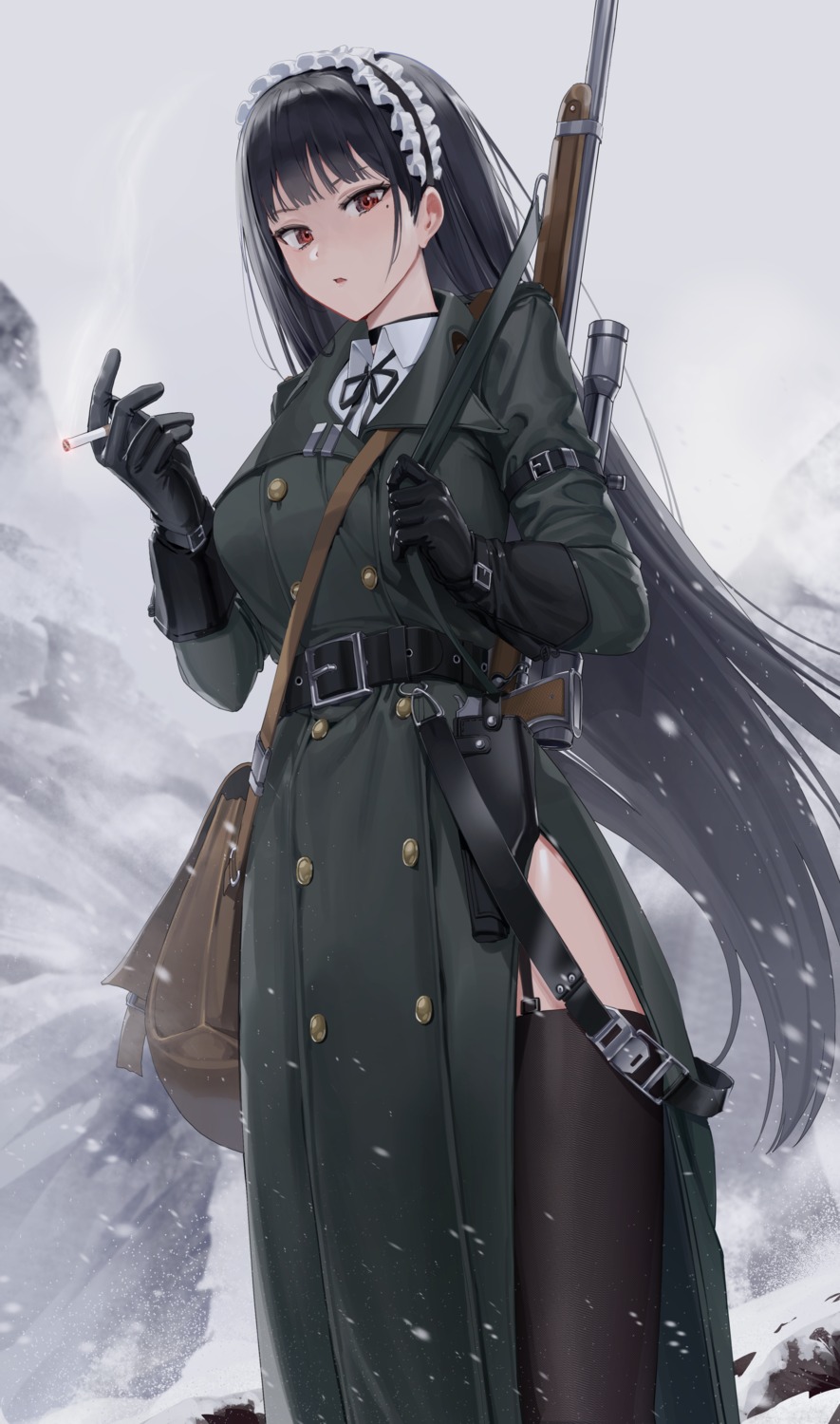 goback, gun, smoking, stockings, thighhighs, uniform