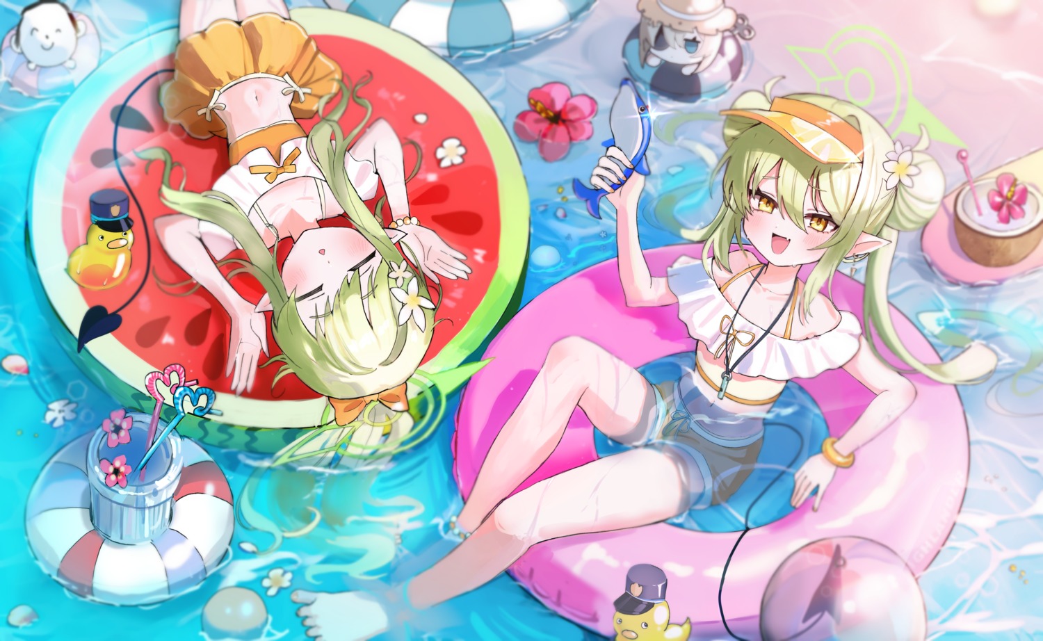 asagiri_suou, bikini, blue_archive, chibi, eyepatch, g1_(user_tjwy5444), halo, pointy_ears, swimsuits, tachibana_hikari, tachibana_nozomi, tail, wet