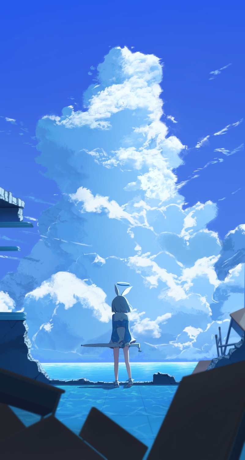 arona_(blue_archive), blue_archive, gun, halo, landscape, pla0658, seifuku, umbrella