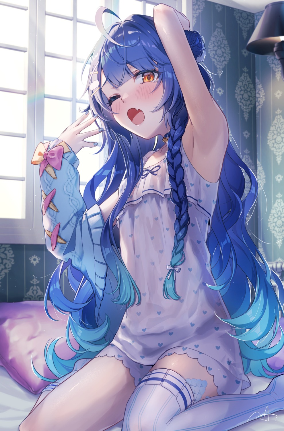 amamiya_kokoro, nijisanji, pajama, sweater, tagme, thighhighs