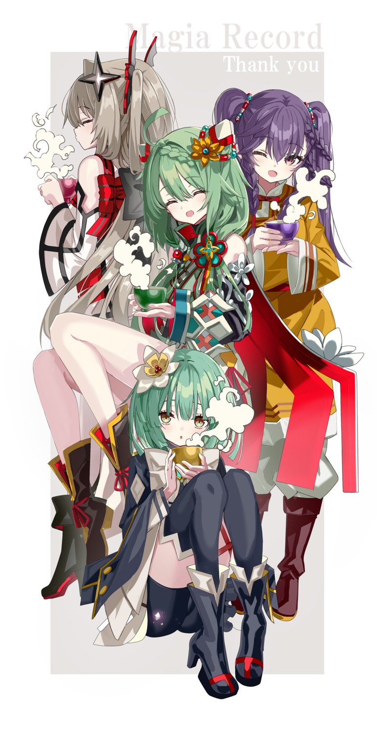 asian_clothes, bike_shorts, garter, heels, heruka, irina_kushu, magia_record:_mahou_shoujo_madoka_magica_gaiden, mahou_shoujo_madoka_magica, natsume_kako, shino_(eefy), skirt_lift, thighhighs