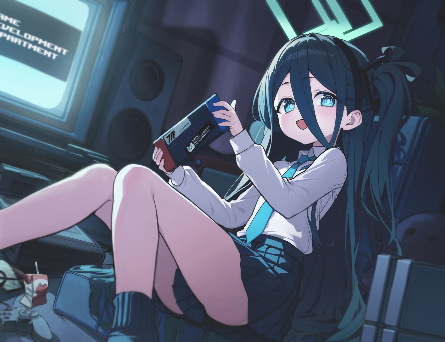 blue_archive, goeleu, halo, seifuku, skirt_lift, tendou_aris