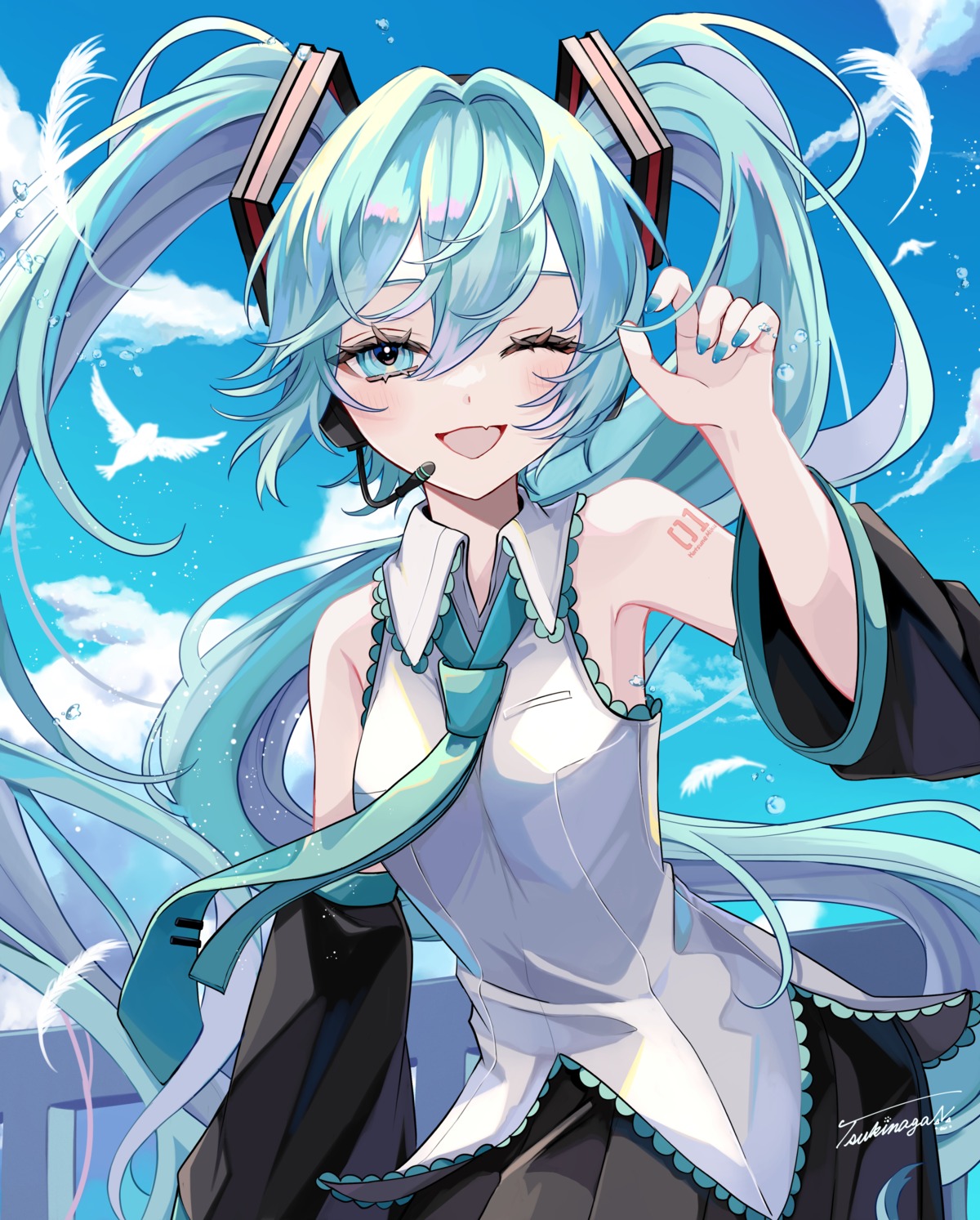 hatsune_miku, headphones, naguno-0713, tattoo, vocaloid