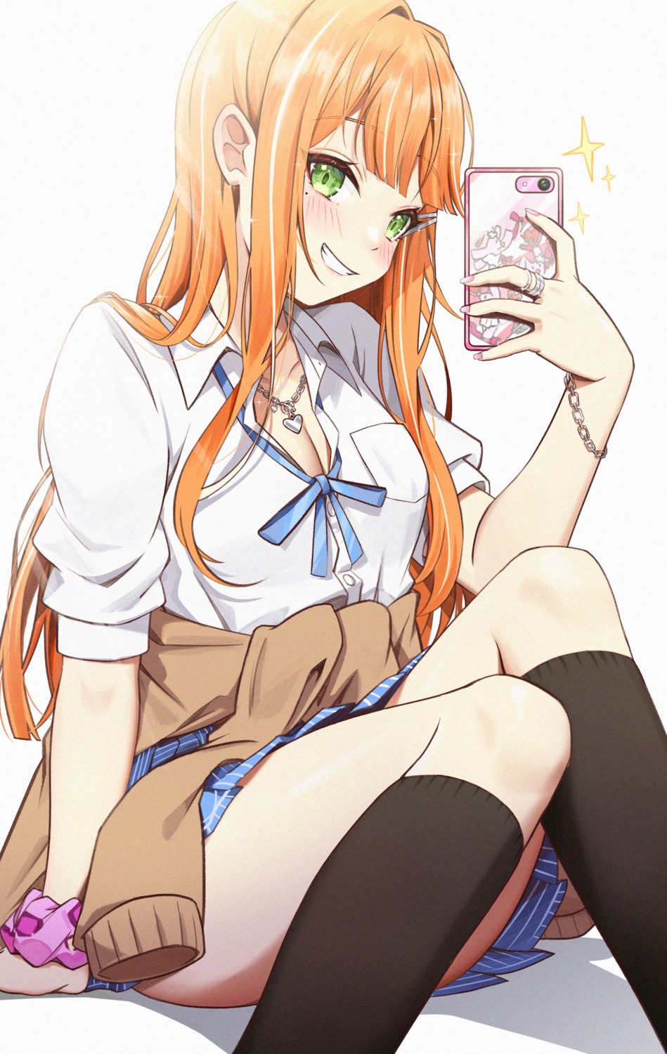 capitan_wei, cleavage, gakuen_idolm@ster, open_shirt, seifuku, selfie, shiun_sumika, skirt_lift