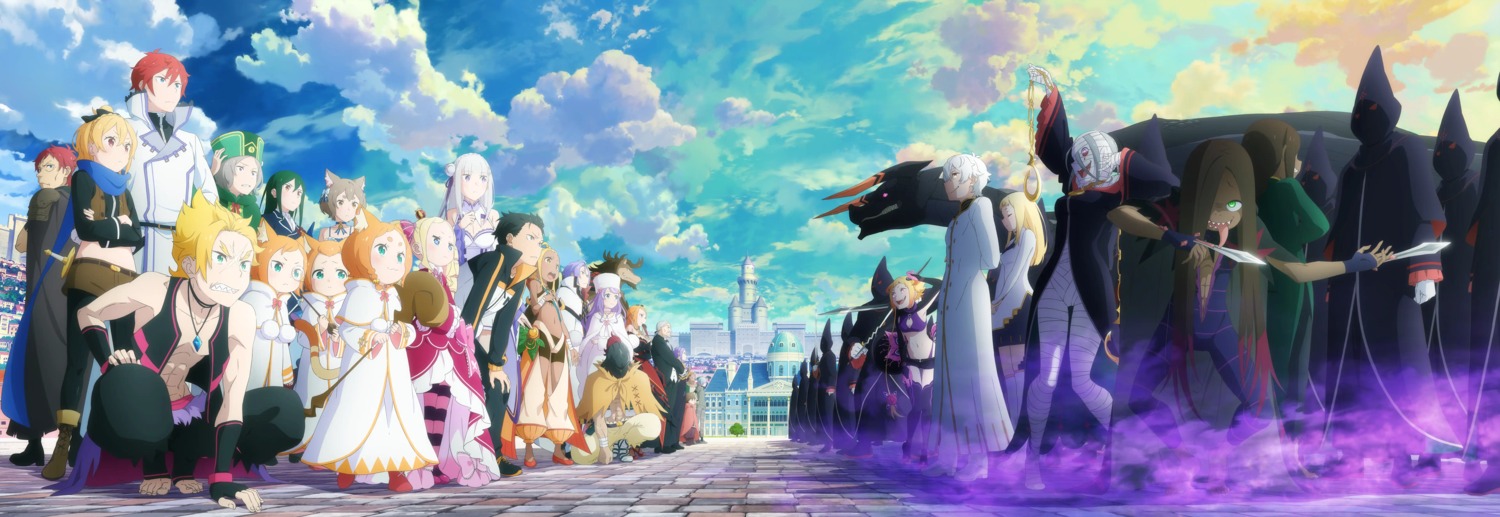 aldebaran_(re_zero), anastasia_hoshin, animal_ears, bandages, beatrice_(re_zero), bike_shorts, capella_emerada_lugunica, cleavage