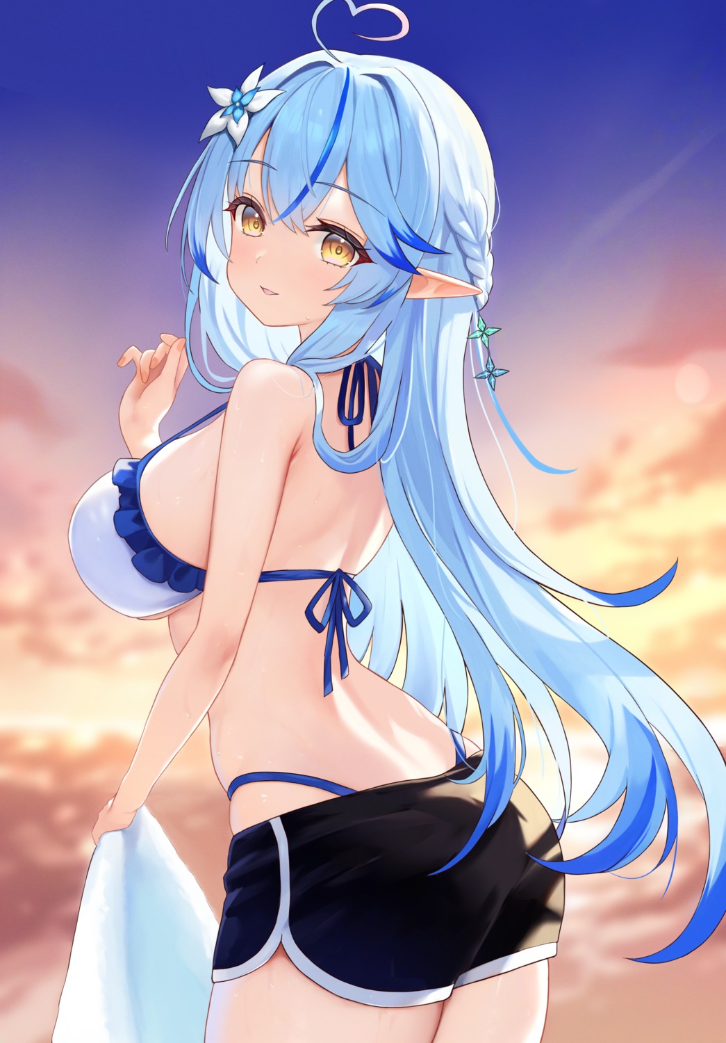 ass, bikini, elf, fanteam, hololive, pointy_ears, swimsuits, yukihana_lamy