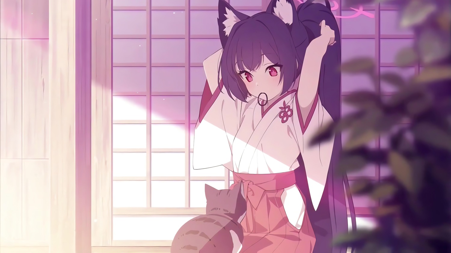 animal_ears, blue_archive, halo, kuromi_serika, miko, neko, nekomimi, wallpaper, yanggaengwang