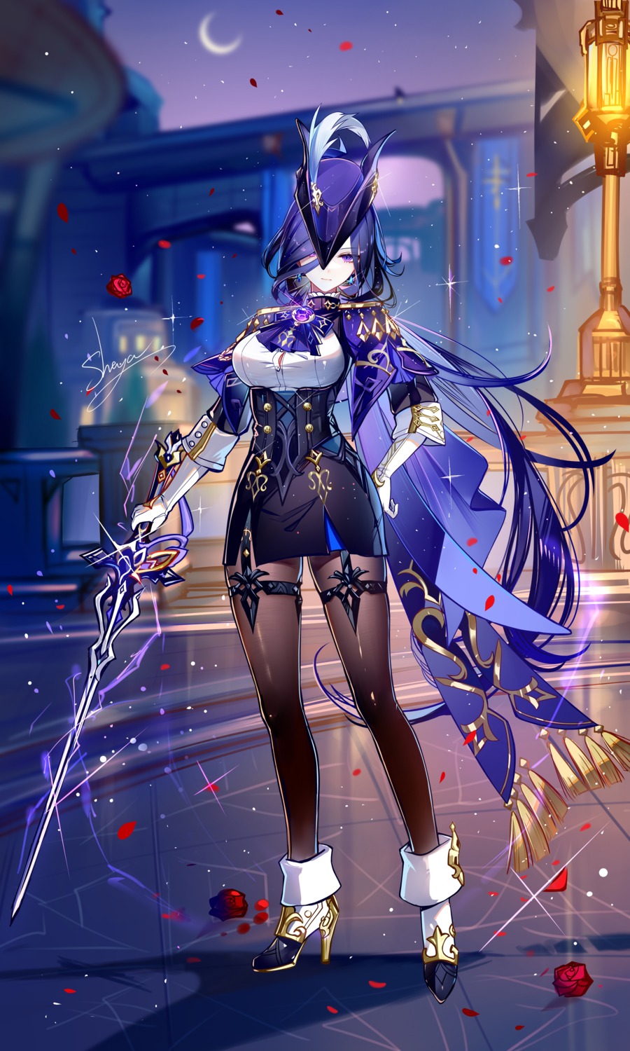 clorinde, garter, genshin_impact, heels, pantyhose, sheya, sword