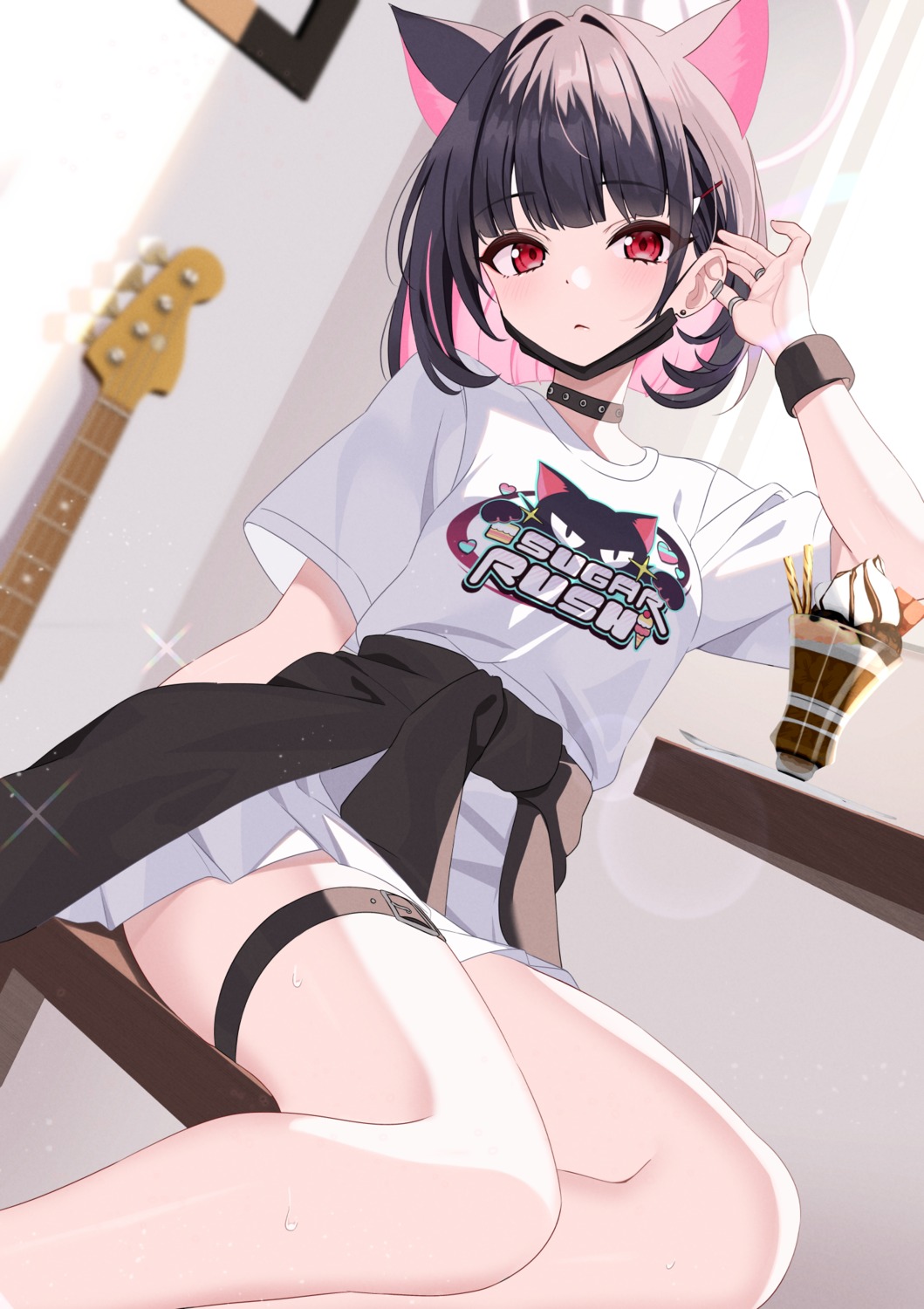 animal_ears, blue_archive, garter, guitar, halo, kyouyama_kazusa, nekomimi, seifuku, sutoroa, uniform