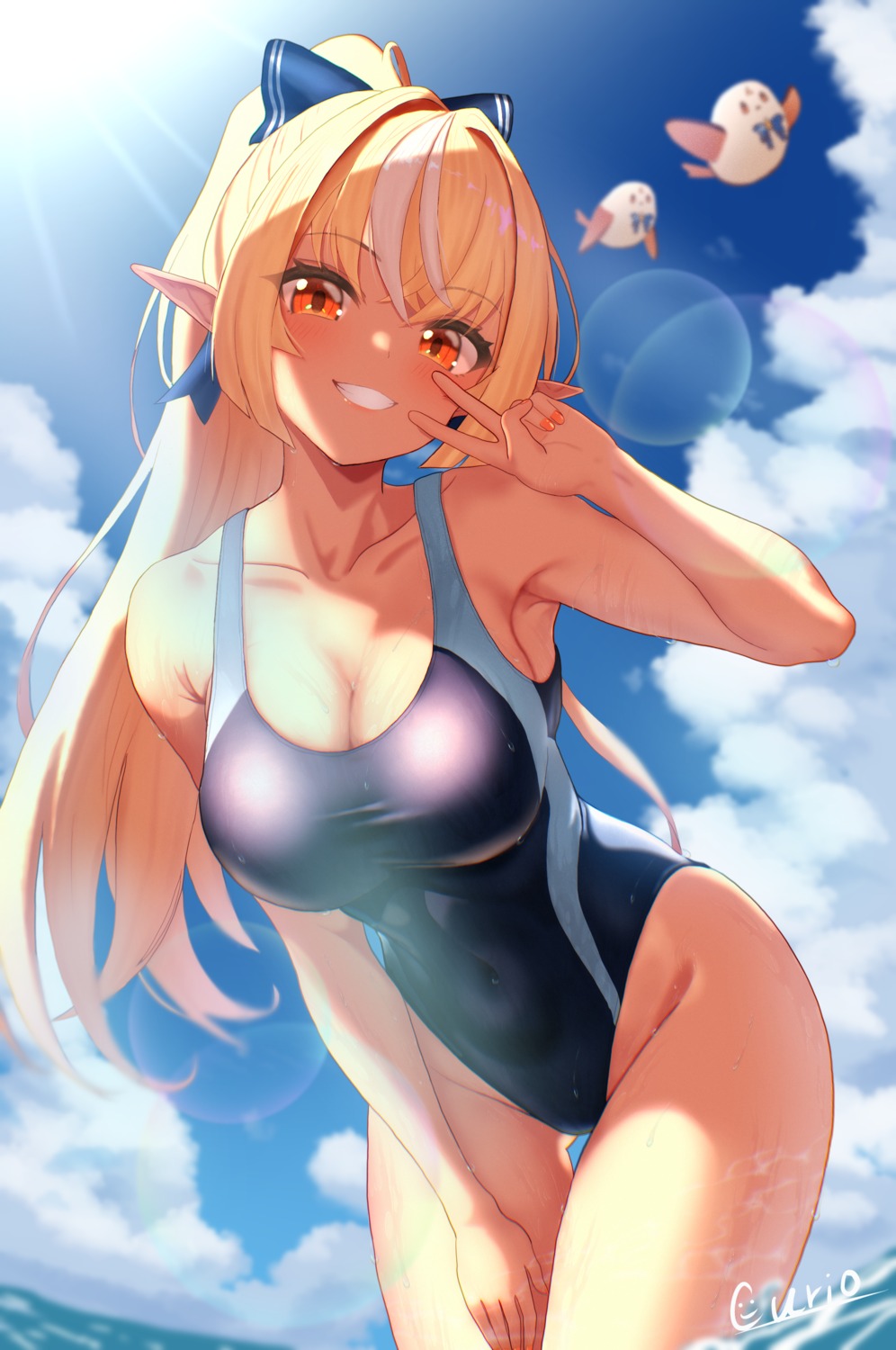 curio_(curiofinity), elf, hololive, pointy_ears, shiranui_flare, swimsuits, wet