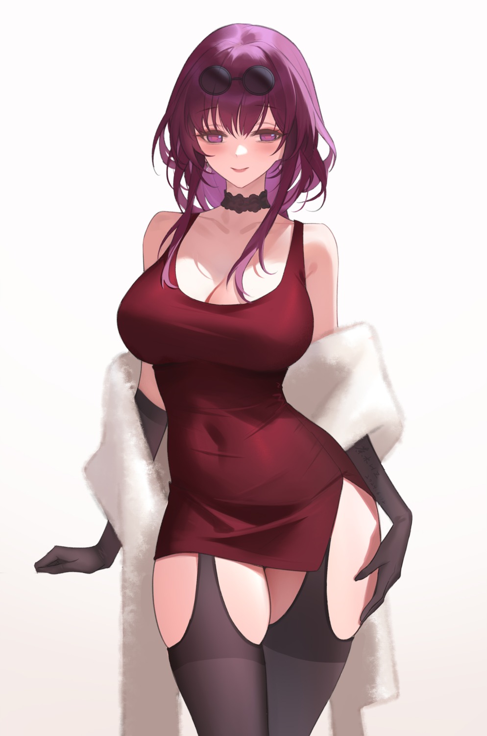 chamuhz, dress, honkai:_star_rail, kafka_(honkai:_star_rail), megane, stockings, thighhighs