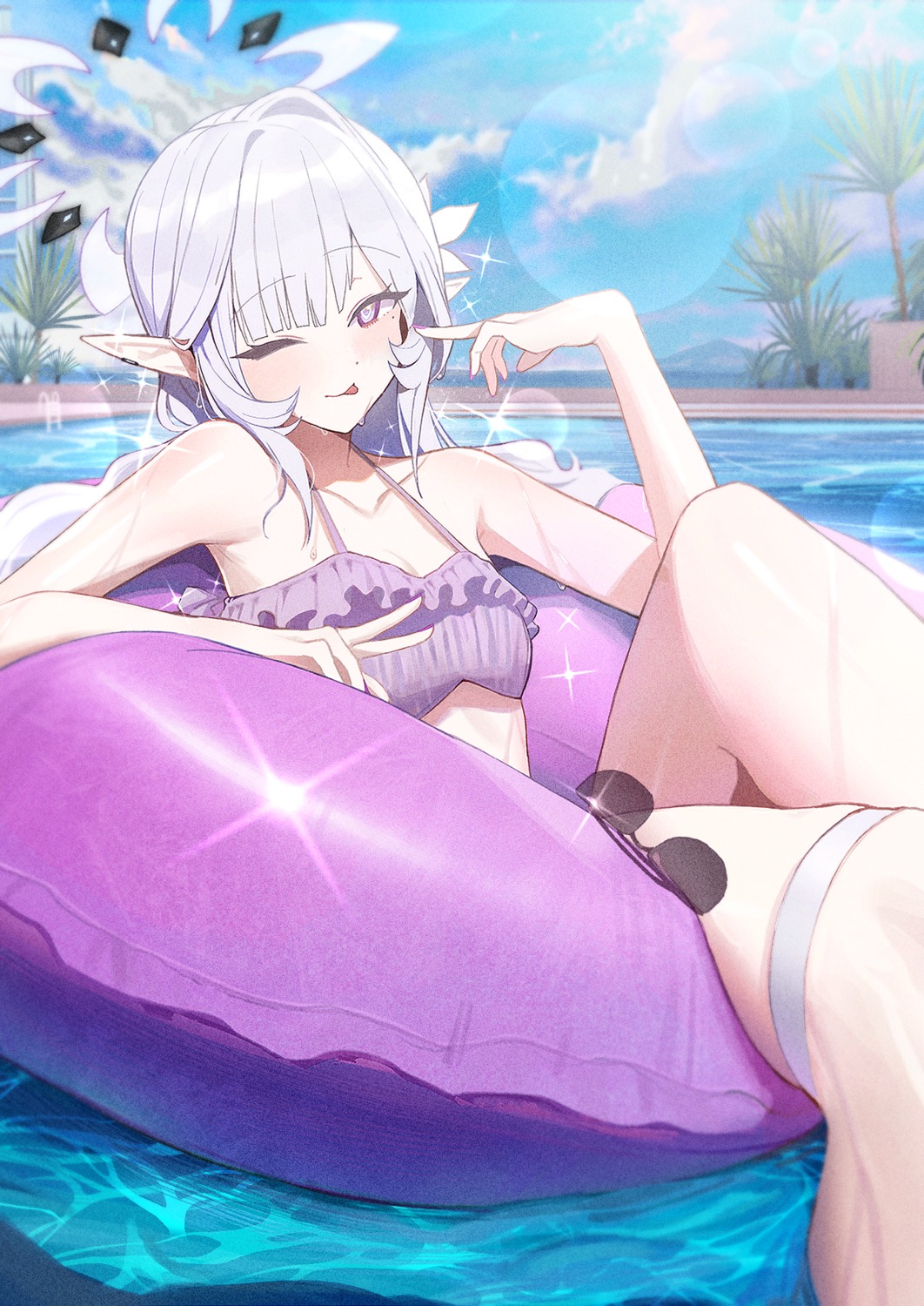 akeboshi_himari, bikini_top, blue_archive, garter, halo, megane, pointy_ears, swimsuits
