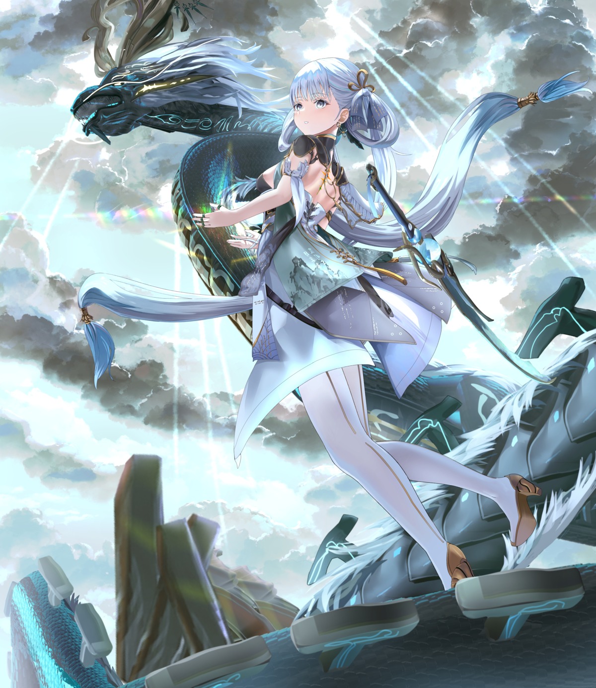 asian_clothes, dress, heels, jinhsi, monster, mosta_(lo1777789), pantyhose, sword