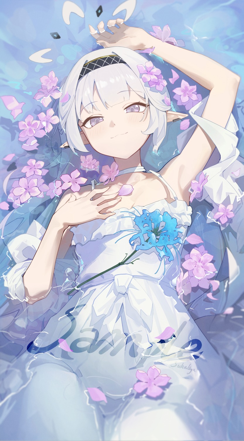 akeboshi_himari, blue_archive, dress, halo, no_bra, pointy_ears, sample, sukaliya
