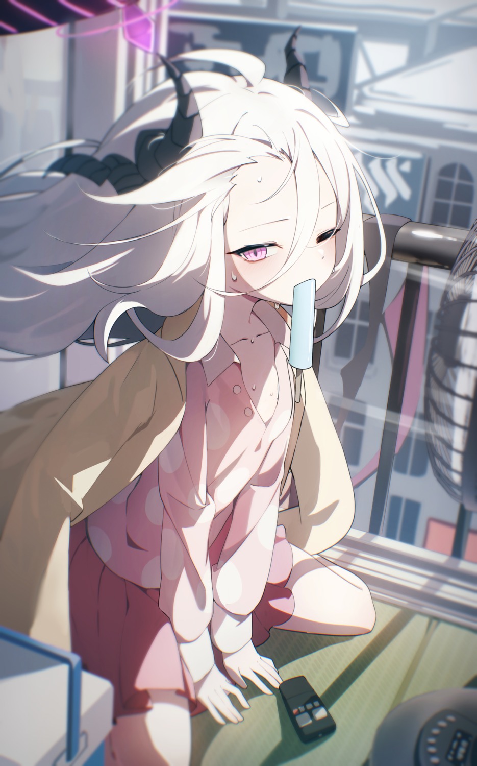 blue_archive, devil, halo, horns, liyom, open_shirt, pajama, sorasaki_hina, wings