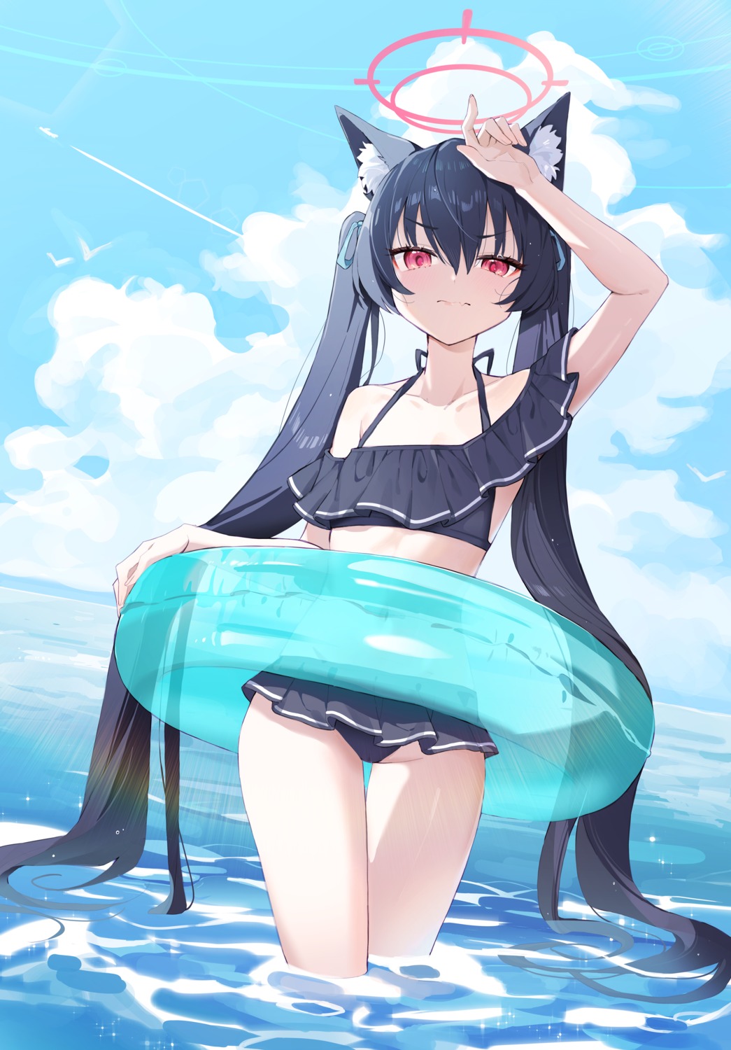 animal_ears, bikini, blue_archive, halo, hana3901, kuromi_serika, nekomimi, swimsuits, wet