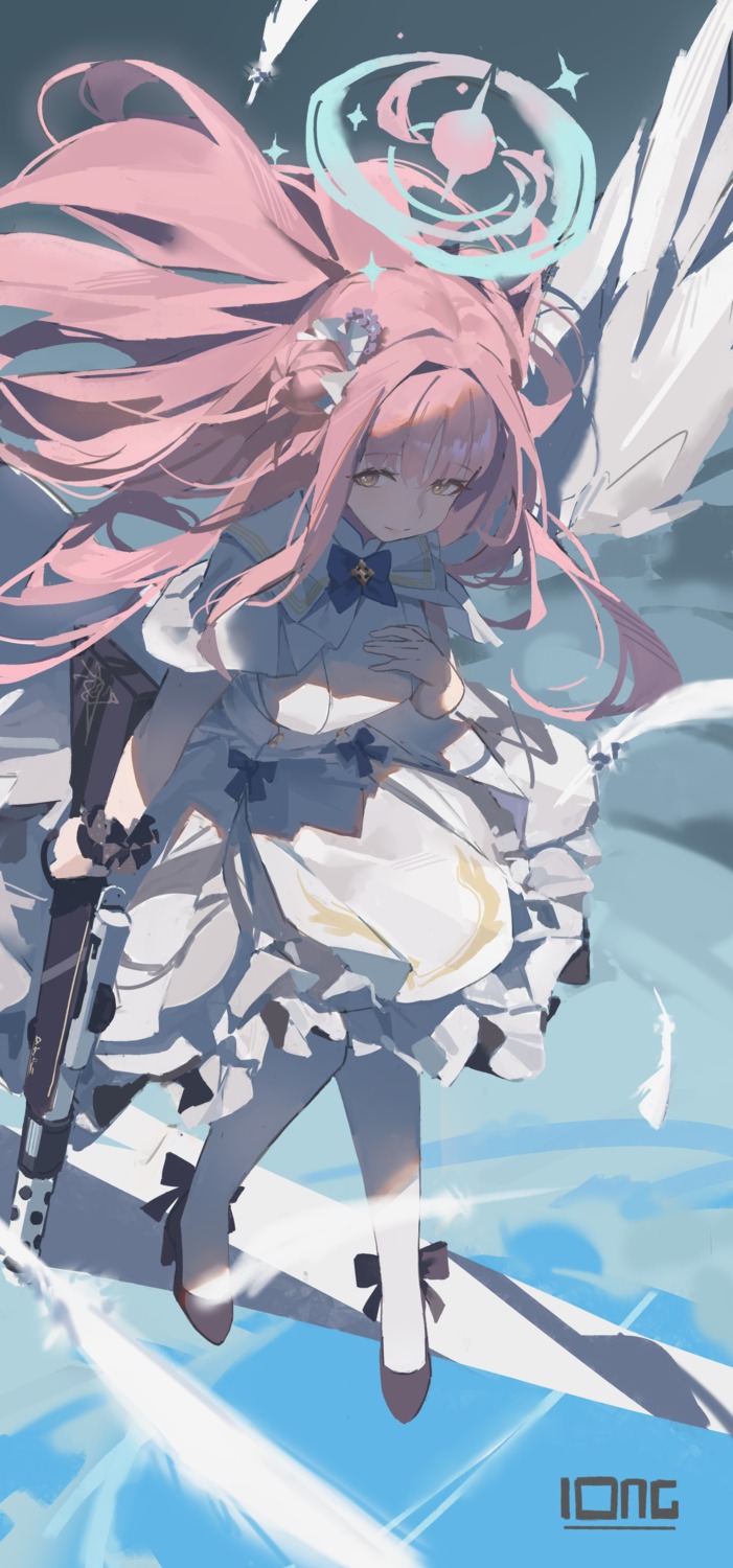 angel, blue_archive, dress, gun, loong_(loong_blo), misono_mika, pantyhose, wings