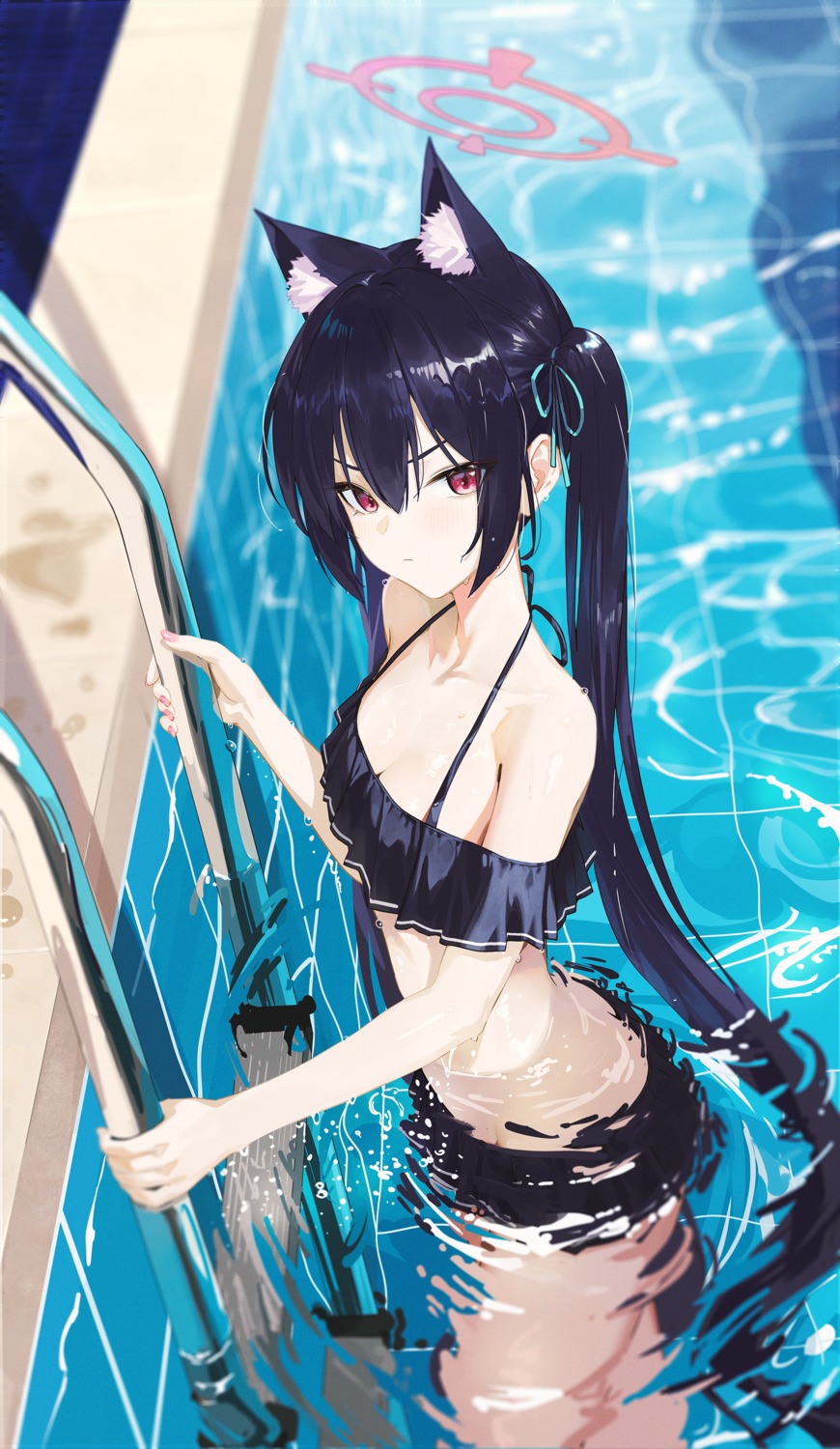 animal_ears, bikini, blue_archive, fieryonion, halo, kuromi_serika, nekomimi, swimsuits, wet