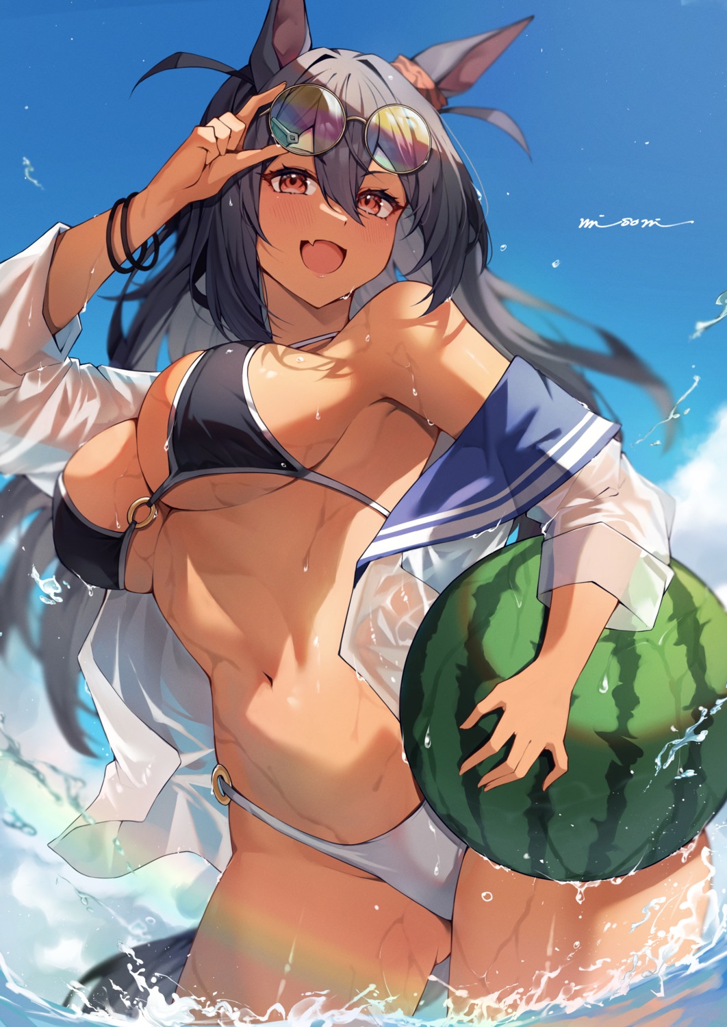 animal_ears, bikini, hishi_amazon_(umamusume), megane, misoni_(mi_so_ni_t), open_shirt, see_through, seifuku, swimsuits, tail, uma_musume_pretty_derby, wet, wet_clothes