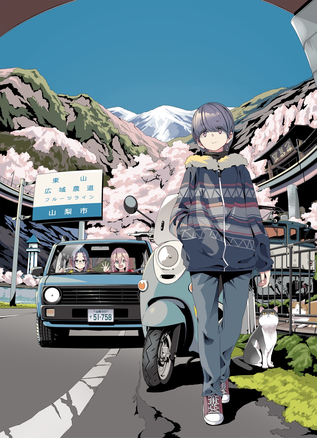 afro, kagamihara_nadeshiko, kagamihara_sakura, megane, neko, shima_rin, yurucamp