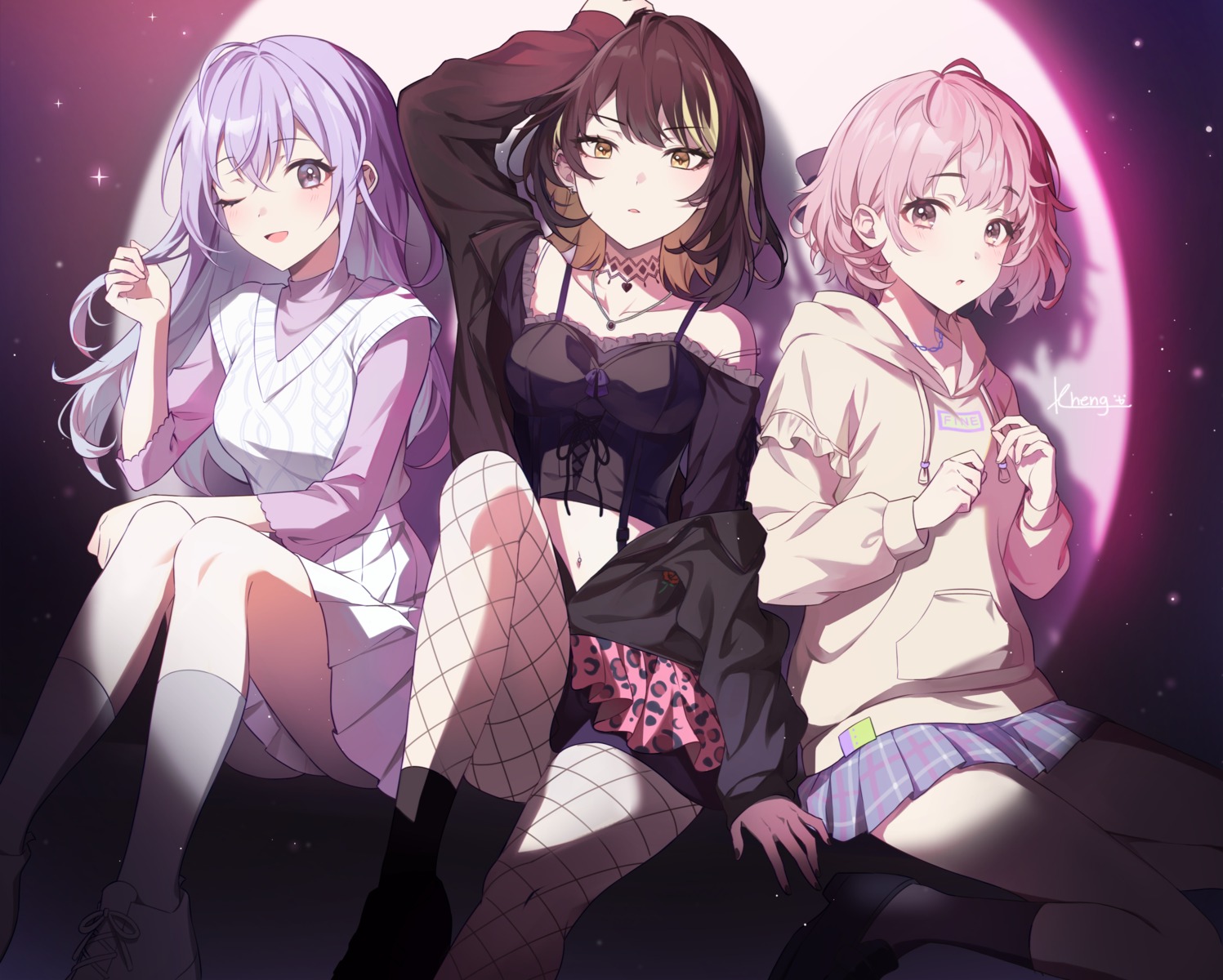 fishnets, ikaruga_luca, ikuta_haruki, kheng_(k_heng1223), pantyhose, skirt_lift, suzuki_hana, sweater