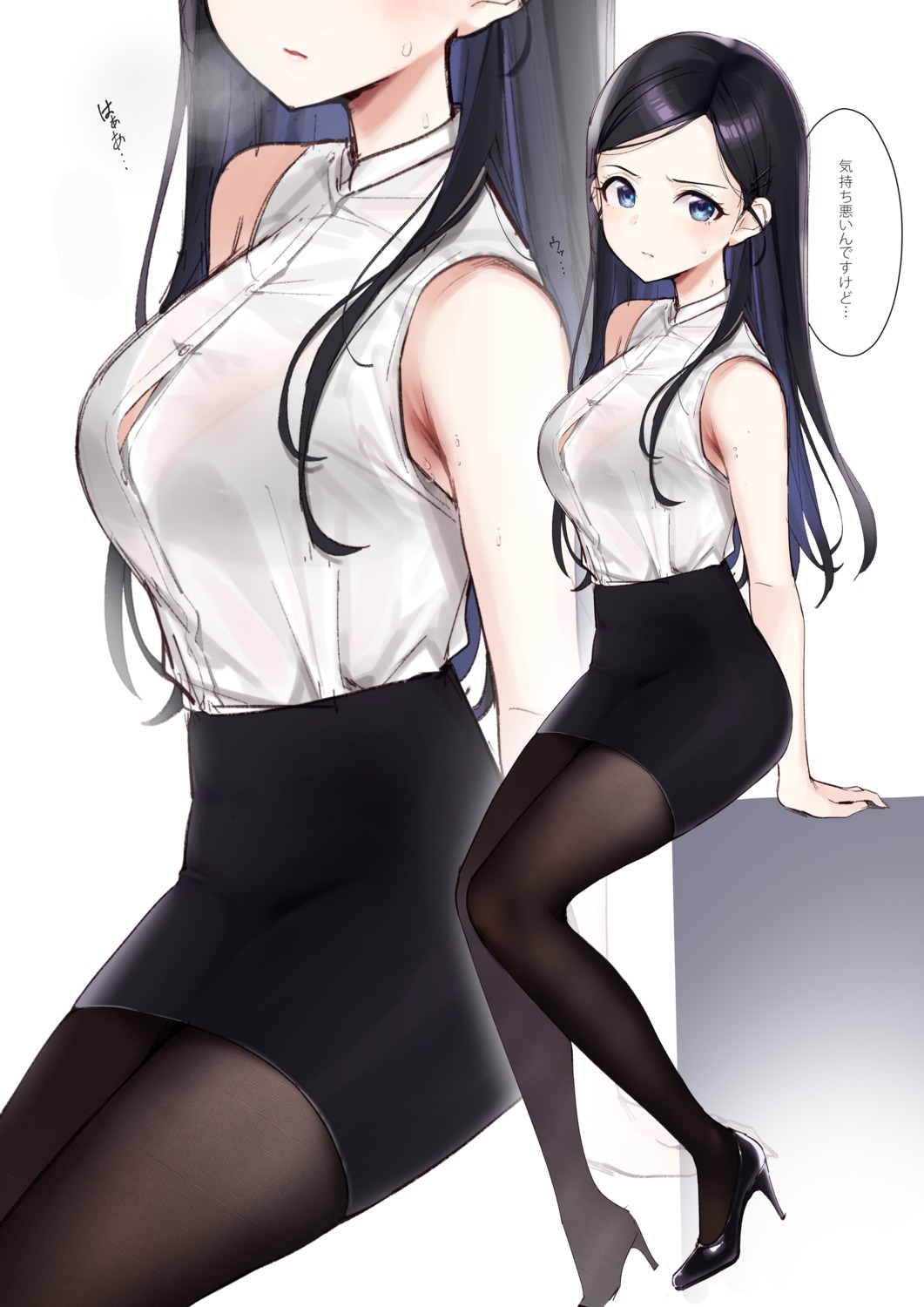 bra, dress_shirt, heels, mirei, pantyhose, see_through, sketch
