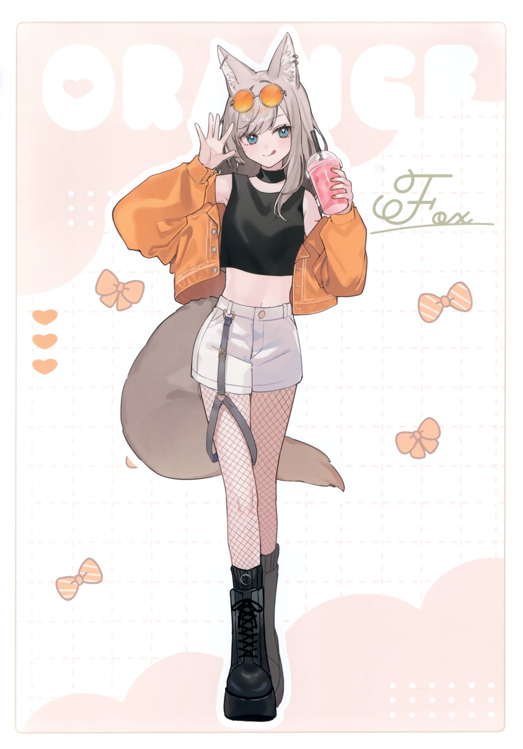 animal_ears, fishnets, kinako_mocchi, kitsune, megane, pantyhose, shugao, tail