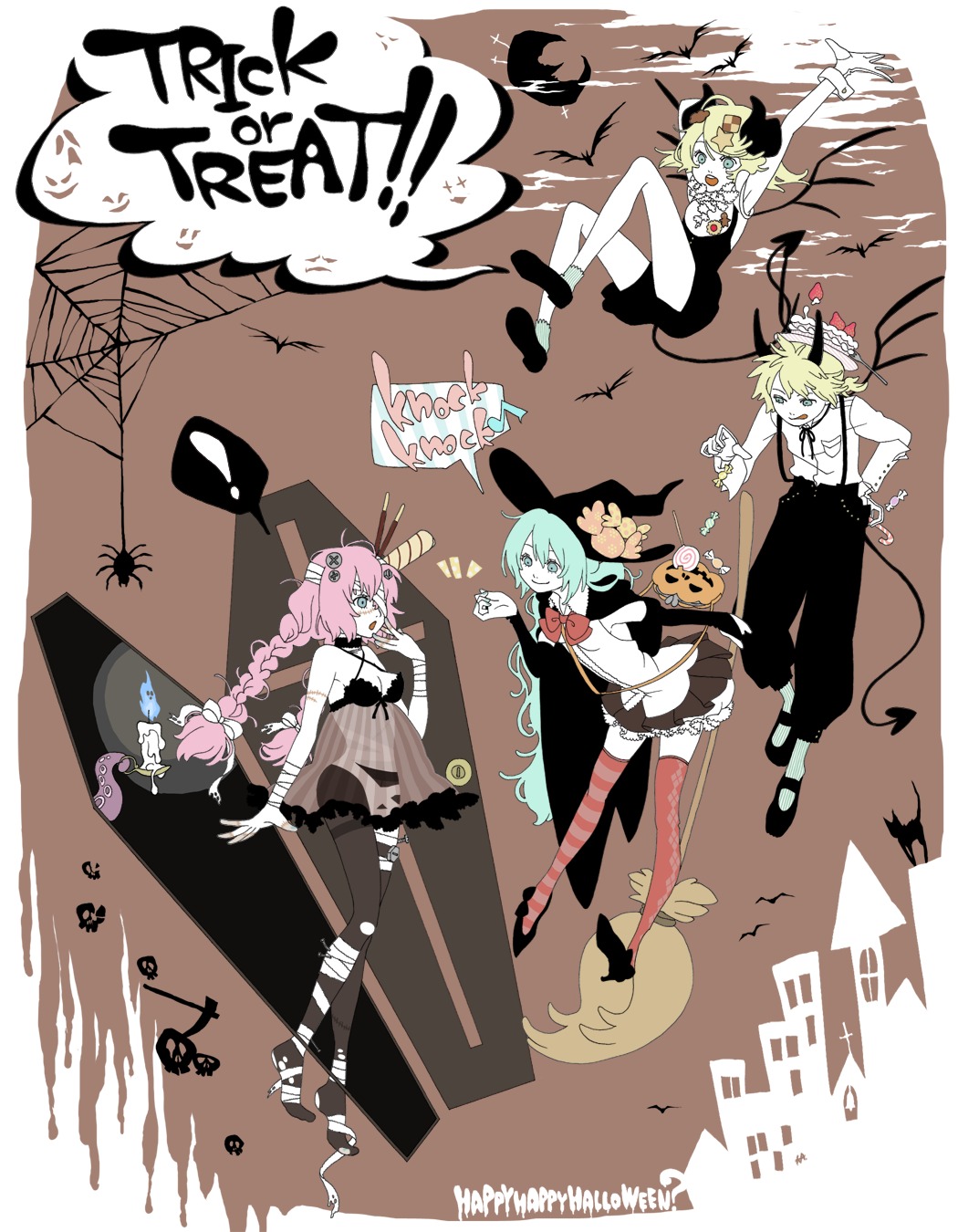 bandages, halloween, hatsune_miku, kagamine_len, kagamine_rin, megurine_luka, see_through, tail, thighhighs, toadstool, vocaloid