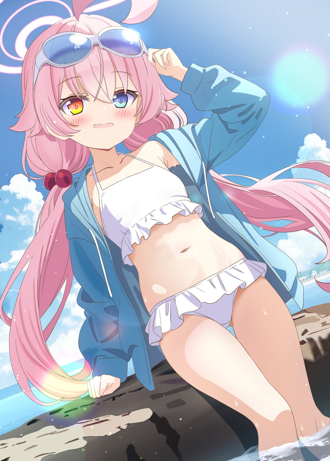 aruka_(alka_p1), bikini, blue_archive, halo, heterochromia, megane, open_shirt, swimsuits
