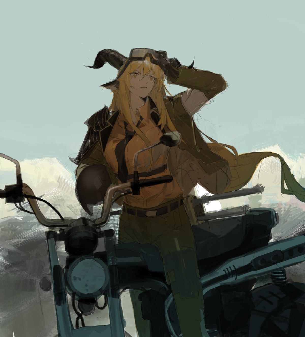 animal_ears, arknights, degenbrecher_(arknights), horns, open_shirt, sketch, sword, uniform, yaruyan
