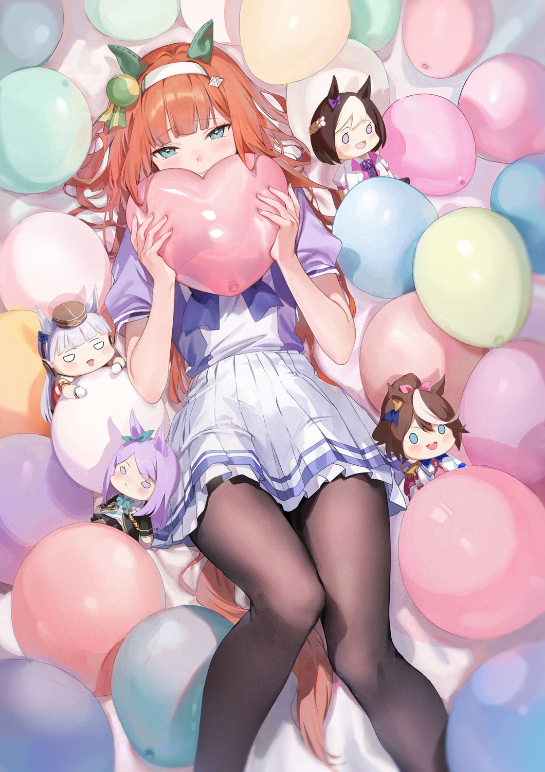animal_ears, chibi, emyo, gold_ship_(umamusume), mejiro_mcqueen_(umamusume), pantyhose, seifuku, silence_suzuka_(umamusume), special_week_(umamusume), tail, tokai_teio_(umamusume), uma_musume_pretty_derby, uniform