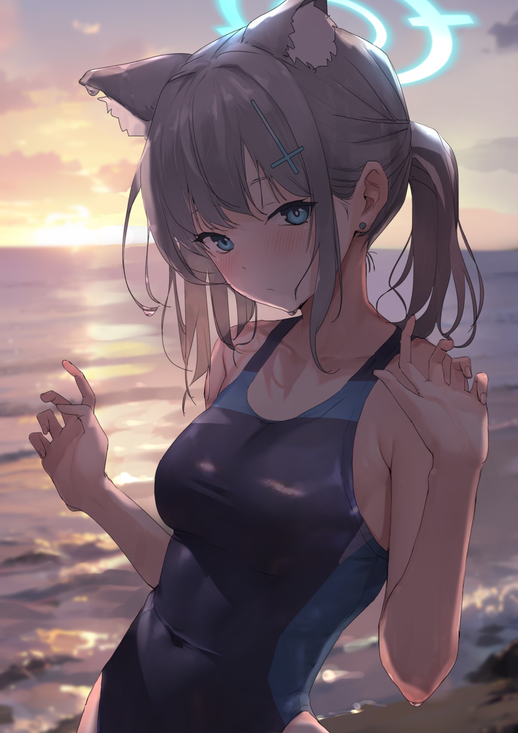 animal_ears, blue_archive, halo, mitsuru_(pixiv_34028718), nekomimi, sunaookami_shiroko, swimsuits, wet