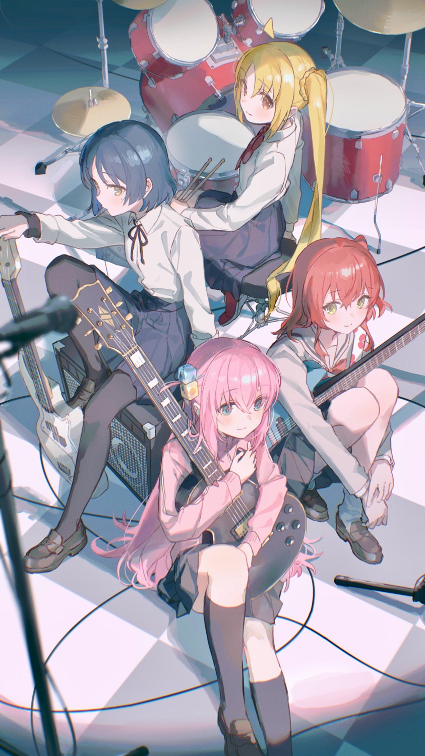 bocchi_the_rock!, gotou_hitori, guitar, gym_uniform, ijichi_nijika, kita_ikuyo, oyuyu, pantyhose