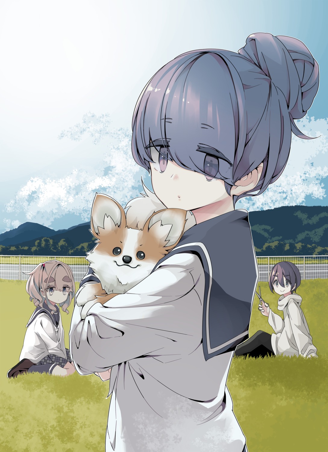 afro, mizunami_ema, saitou_ena, seifuku, shima_rin, yurucamp