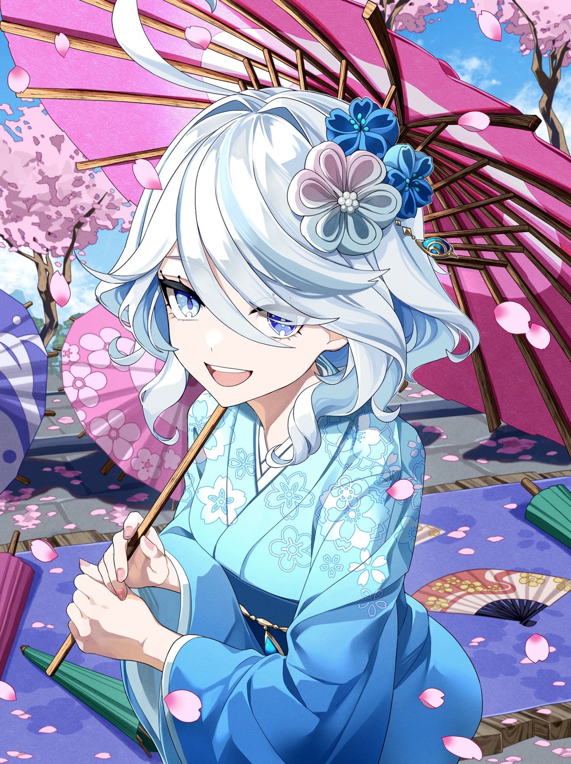 cha_hanare, furina, genshin_impact, heterochromia, kimono, umbrella