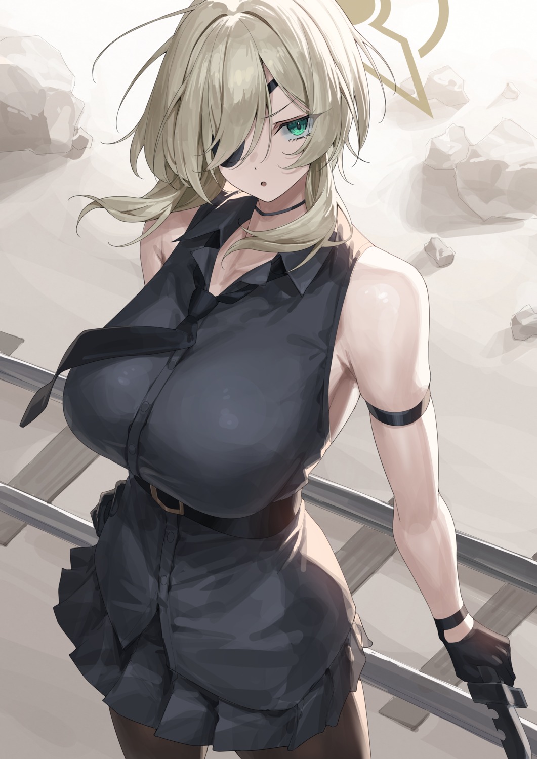 asagiri_suou, blue_archive, eyepatch, halo, pantyhose, weapon, yamanokami