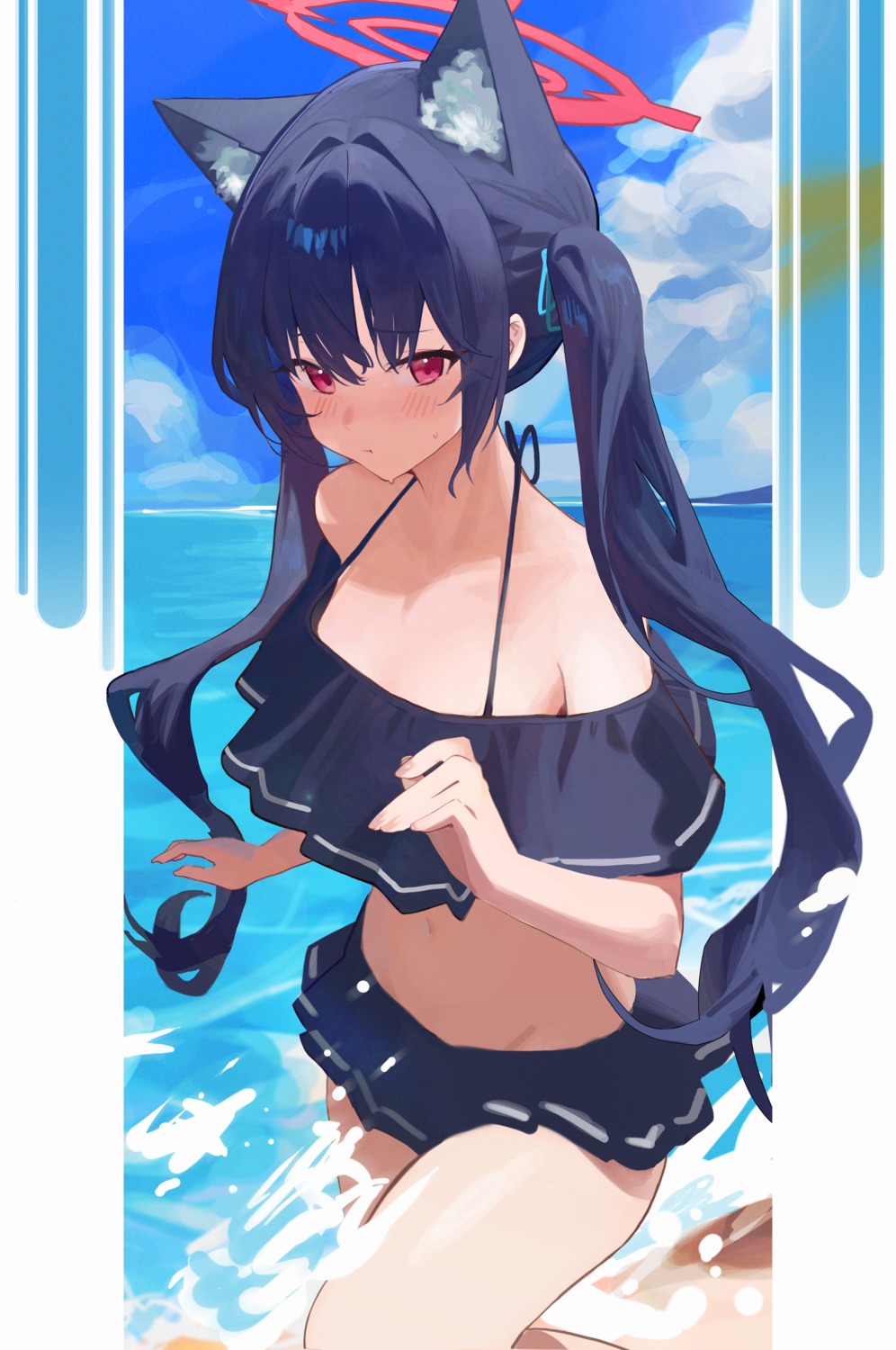 animal_ears, bikini, blue_archive, halo, kuromi_serika, nekomimi, renn_01, swimsuits, wet