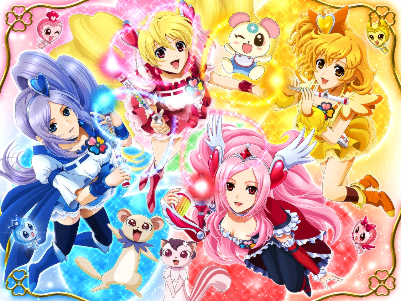 aono_miki, azukina, chiffon_(precure), cleavage, fresh_precure!, higashi_setsuna, momozono_love, pantyhose